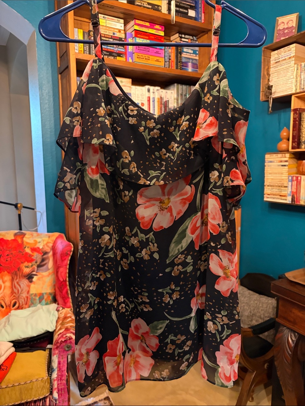 CAbi (style# 5220)Floral Ruffle Cold-Shoulder Blouse